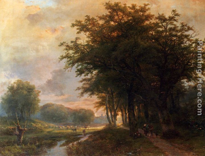 A Wooded River Valley With Peasants On A Path, Cattle In A  Meadow Beyond painting - Johann Bernard Klombeck A Wooded River Valley With Peasants On A Path, Cattle In A  Meadow Beyond art painting